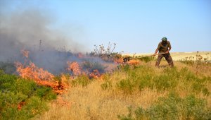 Mahalleli, yangının evlerine sıçramaması için kürek ve traktörle alevlere müdahale etti