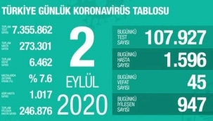 2 Eylül'de Türkiye'de korona virüs salgınından son 24 saatte 45 kişi hayatını kaybetti
