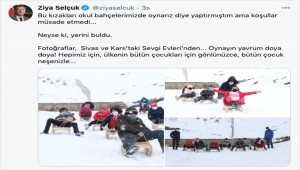 Bakan Ziya Selçuk, meslek liselerinde yapılan kızaklarla karda eğlenen çocukların fotoğrafını paylaştı 