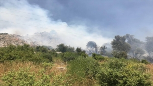 Antalya'da zeytinlik ve makilik alanda çıkan yangın söndürülmeye çalışılıyor
