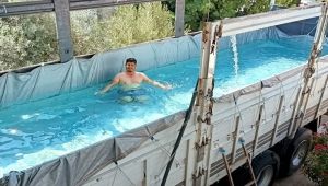 Antalya'da sıcak hava ve nemden bunalan çiftçi, havuza çevirdiği kamyonunun kasasında serinledi 