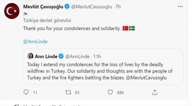 İsveç Dışişleri Bakanı Linde'den Türkiye'ye orman yangınları için dayanışma ve taziye mesajı