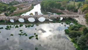 Kuraklık nedeniyle su seviyesi dibe vuran Tunca Nehri'nde ot öbekleri oluştu