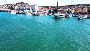 Ayvalık'ta yunusun şamandırayla oyunu drone ile görüntülendi