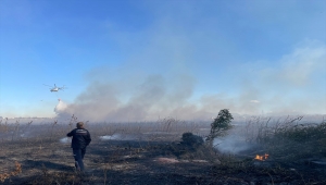 Antalya'da sazlık alanda çıkan yangın kontrol altına alınmaya çalışılıyor 