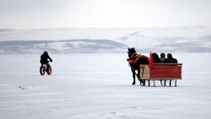 Çıldır Gölü'nün buz tabakası kar yağışıyla beyaza büründü
