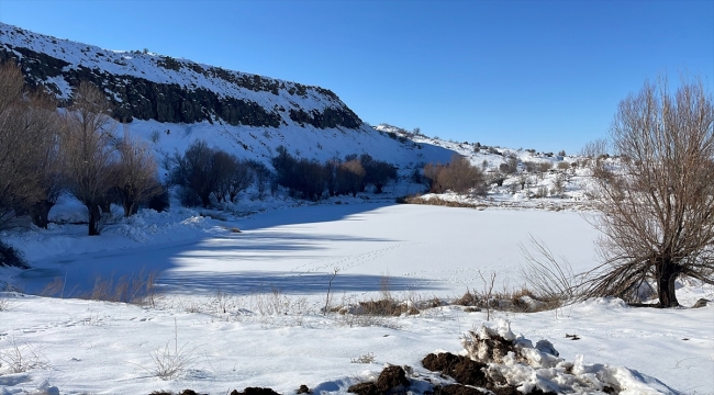 Elazığ'da Sülük Gölü'nün yüzeyi buz tuttu 