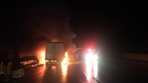 Erzincan'da bariyere çarpan alüminyum yüklü tır yandı