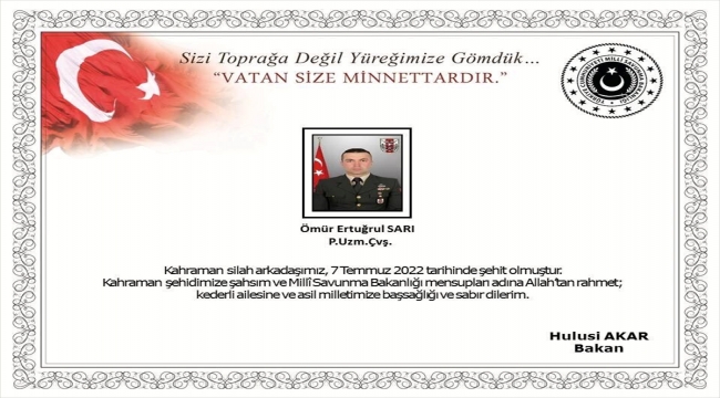 Pençe-Kilit Harekatı bölgesinde bir asker şehit oldu